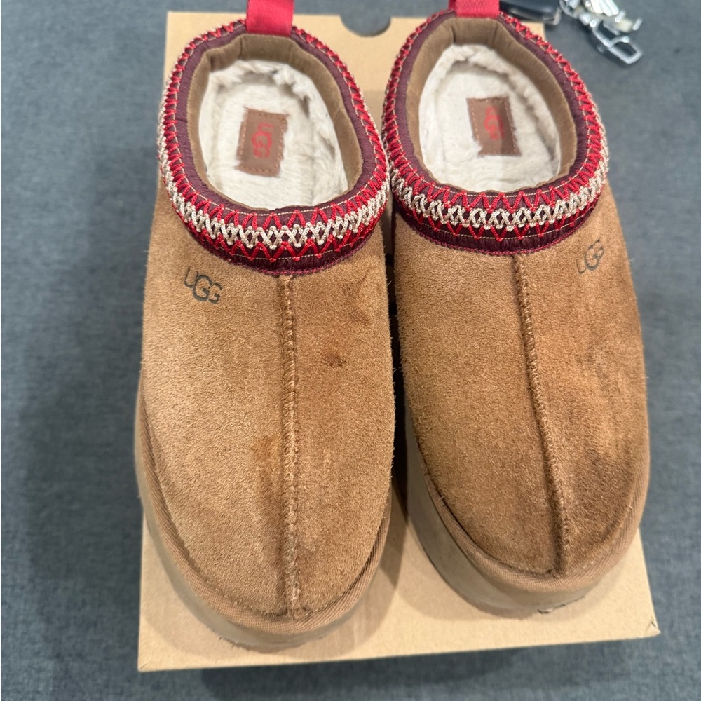 UGG Brown Suede Slippers with Red Trim